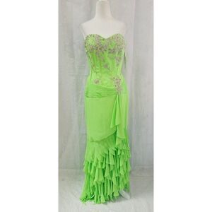 Le Gala Mon Cheri Lime Green Embroidered Sequins Chiffon Gown Strapless Ruffle 8